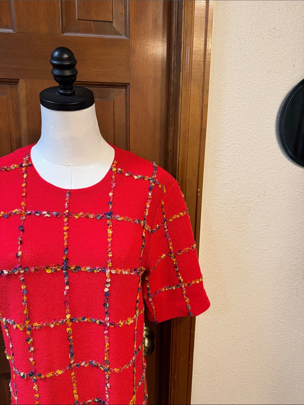 Vintage Steve Fabrikant for Neiman Marcus Red Windowpane Knit Shift Dress Size M - Picture 5 of 8